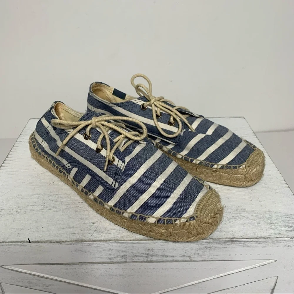 Soludos Derby Blue White Stripe Lace Up Espadrilles